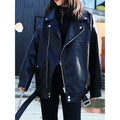 Korean Faux Leather Jacket Women Belt Oversize BF Style Punk PU Women's Leather Jacket Streetwear High Street Biker Coat