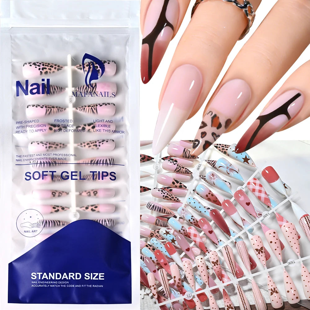 120pcs Cute Short Stiletto Soft Gel Nail Tips Full Cover Nail Extension Tips Leopard Print French Press on Nails For Salon
