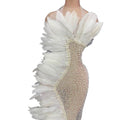 White Feathers See Through Long Birthday Prom Dress Women Stage Costume Sexy Rhinestone Wedding Evening Party Dresses