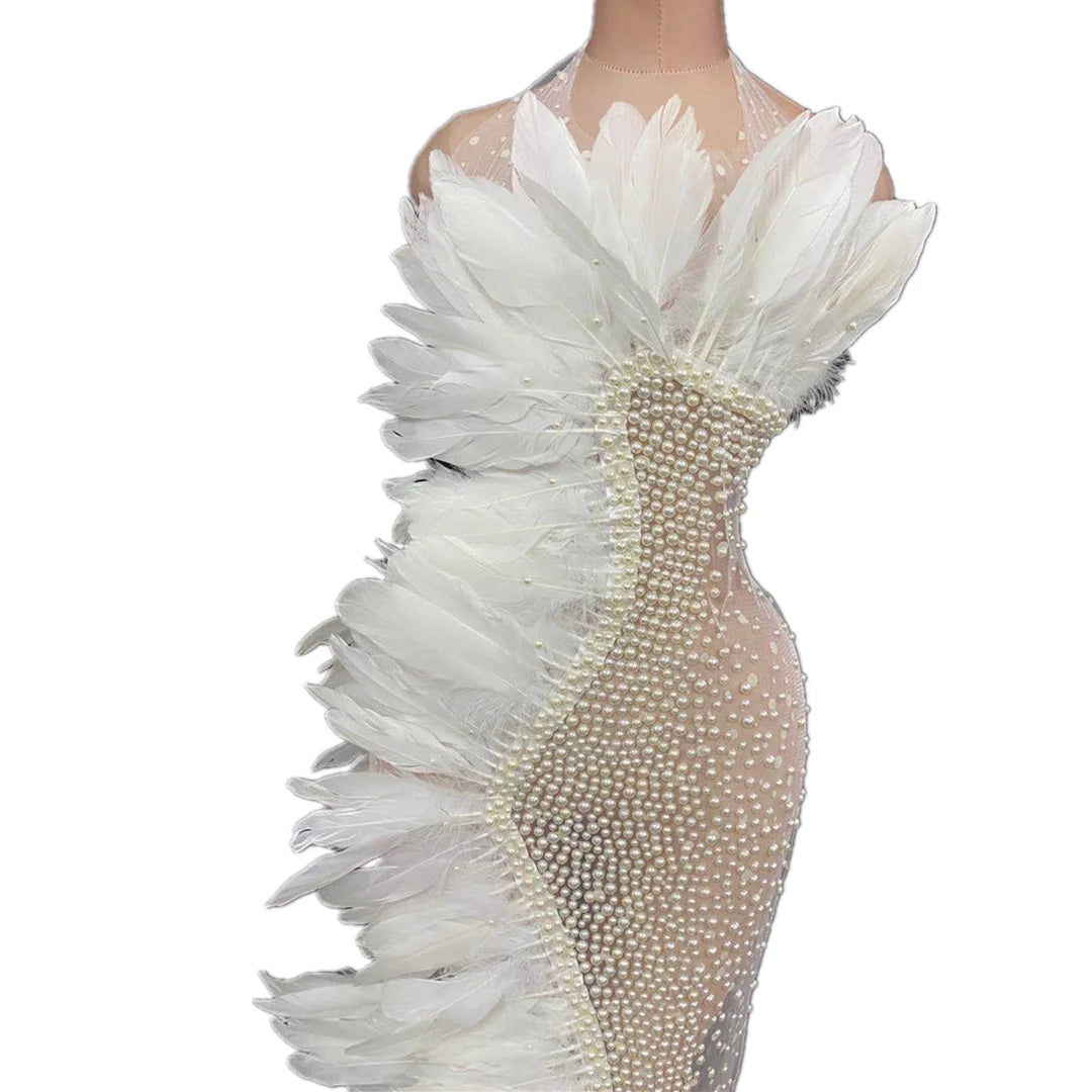 White Feathers See Through Long Birthday Prom Dress Women Stage Costume Sexy Rhinestone Wedding Evening Party Dresses