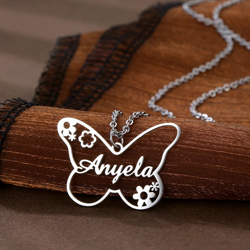 Personalized Butterfly Flower Custom Name Pendant Necklace Stainless Steel Customized Necklace for Women Jewelry