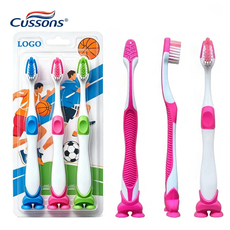 OEM Custom 3 Pack Children Toothbrush with Cartoon Print Soft Nylon Bristles Suction Cup Base Ergonomic Handle Tooth Brush Set