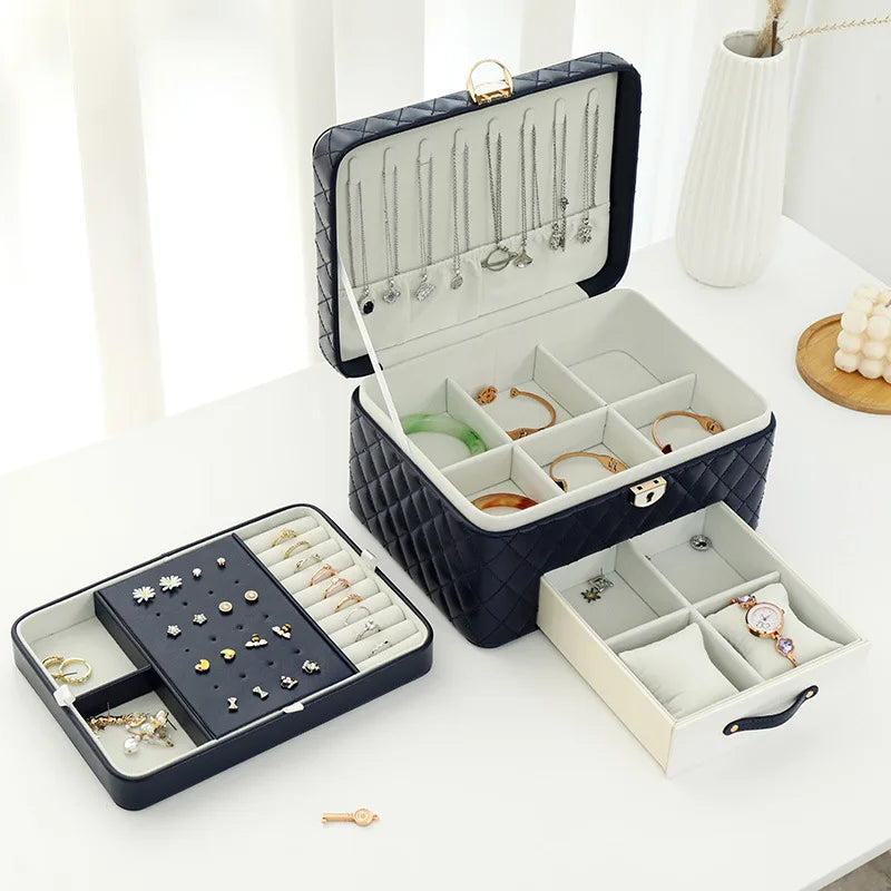 Pink White Navy Personalized Luxury  PU Leather Jewelry Storage Box Organizer With Drawer
