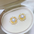 18K Gold Plated Micro Paved Zircon Hollow Clover Design Natural Freshwater Pearl Earrings and Necklace