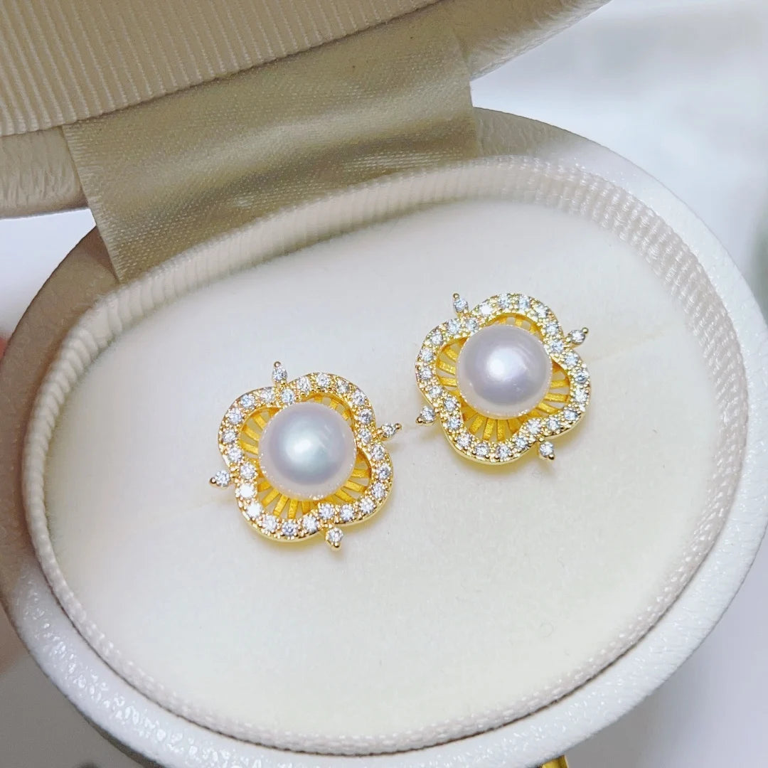 18K Gold Plated Micro Paved Zircon Hollow Clover Design Natural Freshwater Pearl Earrings and Necklace