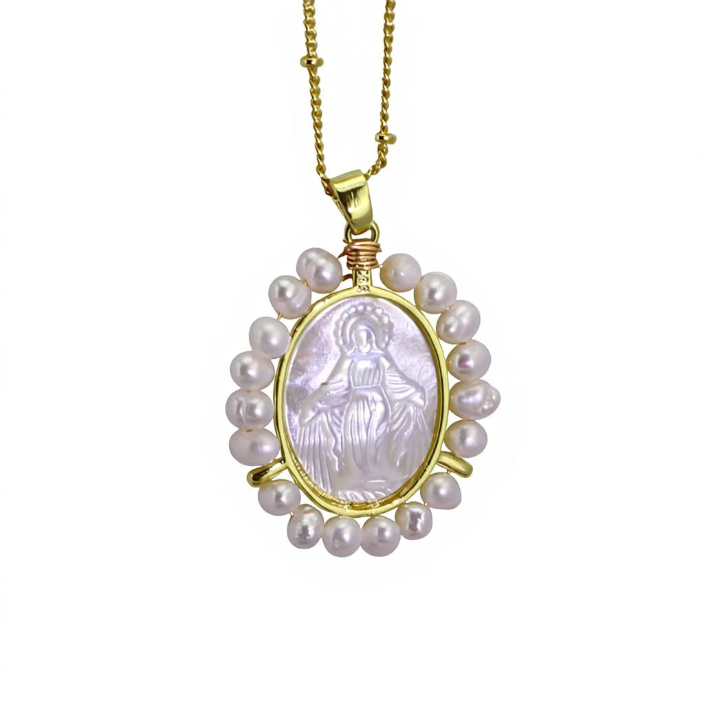Gold Plated Pearl Wire Wrapped Mother of Pearl Virgen De Guadalupe Necklace Catholic Virgin Mary Religious Jewelry for Women