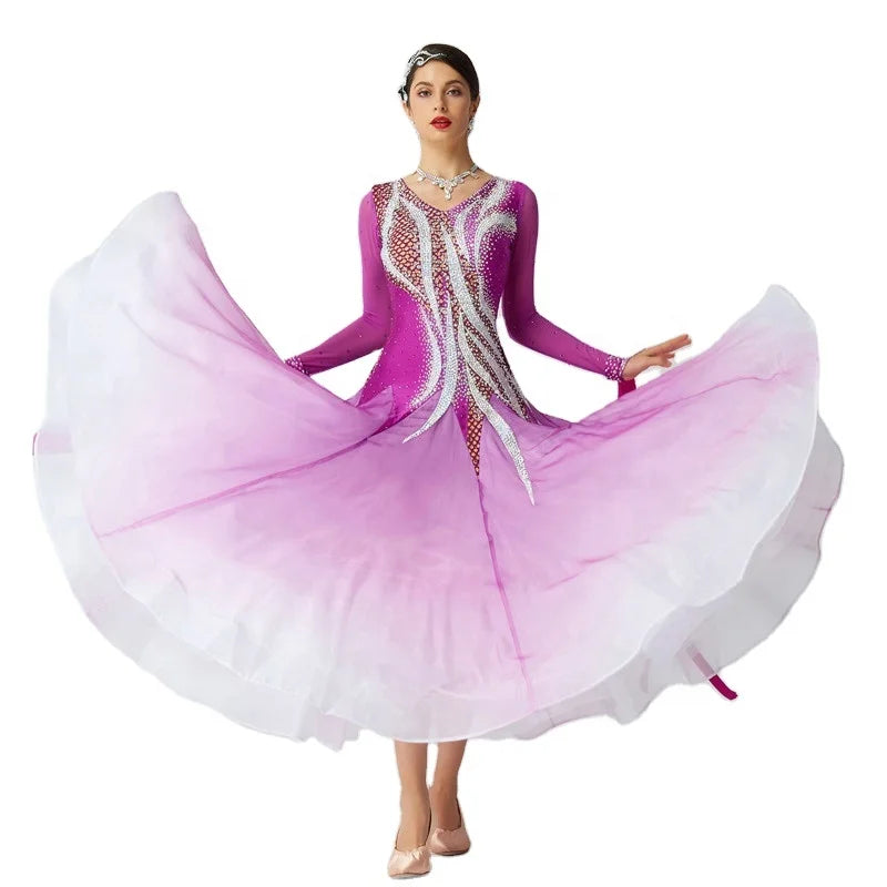 B-2026 High-end New Standard Ballroom Dance Dress Women Girls Modern Competition Costume Waltz Stage Long Sleeve for Sale