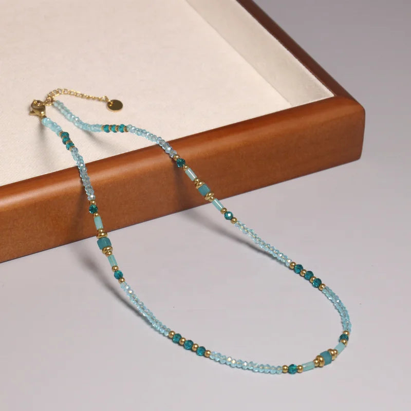 Natural Healing Faceted Stone Beaded Necklace for Women Blue Aquamarine 18k Gold Plated Beaded Necklace Choker