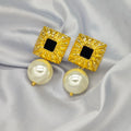 Ilona Fashionable Gold-Plated Copper Square Chandelier Earrings Retro Creative Drop Design with Pearl Stud Earring