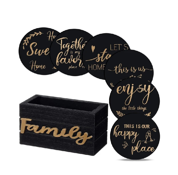 Housewarming Gifts for Home Decoration Solid Wood Round Farmhouse Coasters Set of 6 with Holder Eco-Friendly
