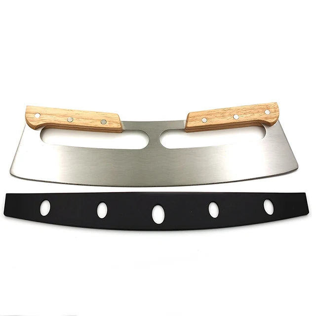 Long Stainless Steel Half Moon Pizza Cutter with Wooden Handle Bread Shake Knife and Party Peel Tool for Toast and Events