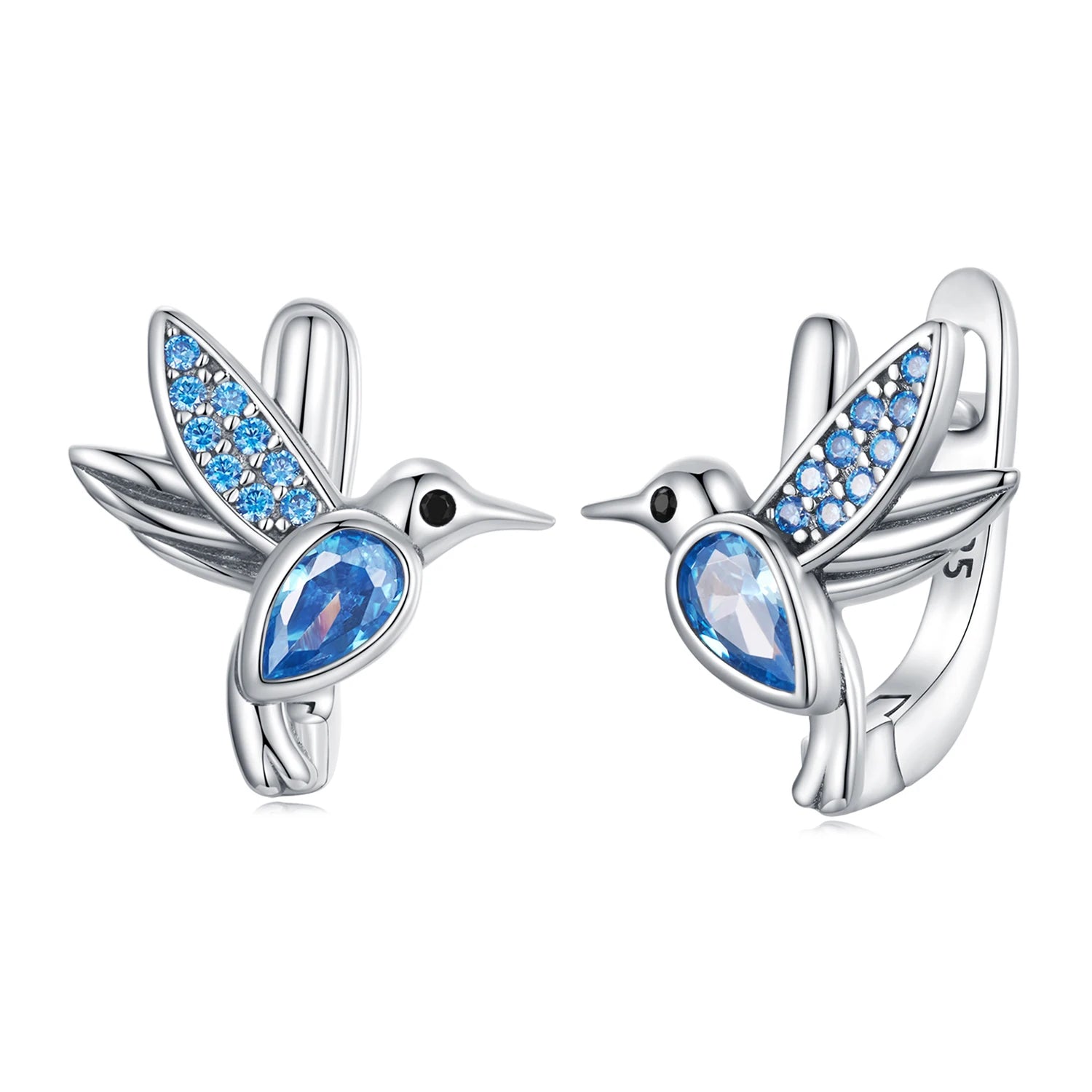 925 Sterling Silver Humming Bird Hoop Earrings for Women Blue Zircon Drop Ear Clip Earring Ladies Luxury Wedding Jewelry SCE1503