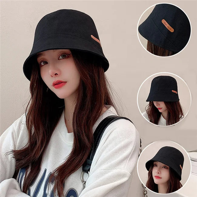 2023 Wholesale Summer Travel Large Brim Women Fashion Custom Leather logo Cotton Bucket Fisherman Hat