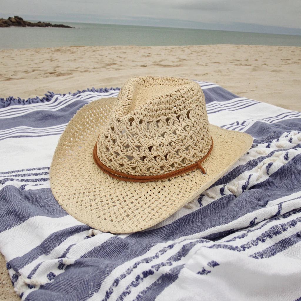 Summer Unisex Retro Western Cowboy Hat Hand Crocheted Paper Straw for Men Women Sun Shade for Beach Outdoor Fishing Travel