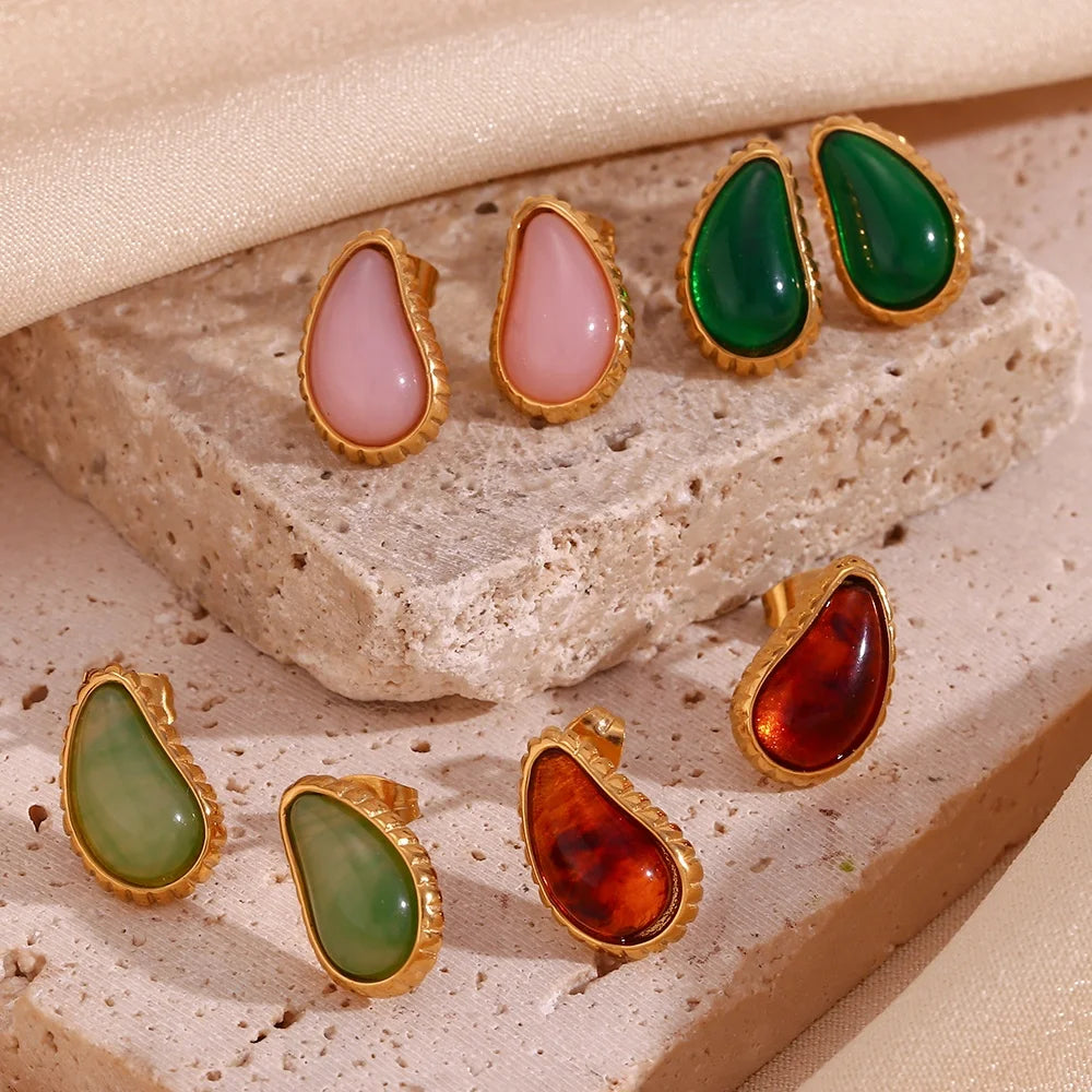 Draemshow Earrings Colorful Waterproof Natural Stone Stud Earring Boucle D'oreille Stainless Steel Wholesale