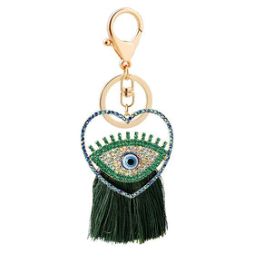 Wholesale Turkish Blue Eye Pendant Key Chain Shiny Rhinestone Love Heart Evil Eyes Tassel Keychain for Gift