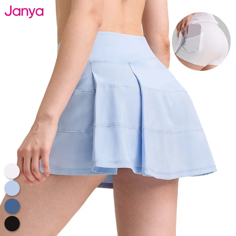 Janya Women's High Waist Tennis Short Skirt Outdoor Yoga Fitness Wear Anti-Slip False Two Piece With Pocket for Golf Sports