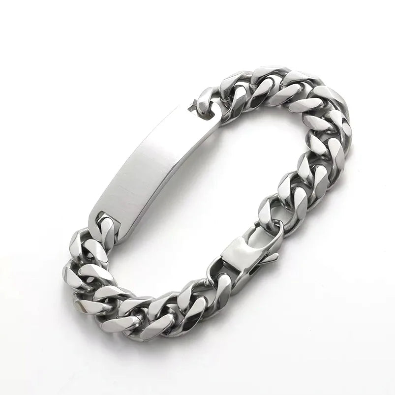 Retro Engrave Stainless Steel Rectangle Lobster Clasp Shinny Cuban Link Chain Personalized Men's Blank Bar Bracelet