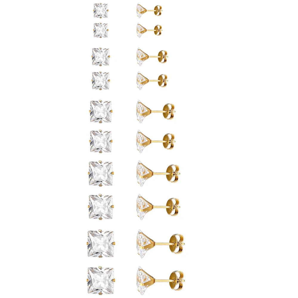 Gold Plated Stud Earrings Crystal Zircon Trendy Stainless Steel Earrings 2-8mm Square Flash Diamond Stud Earring for Girl