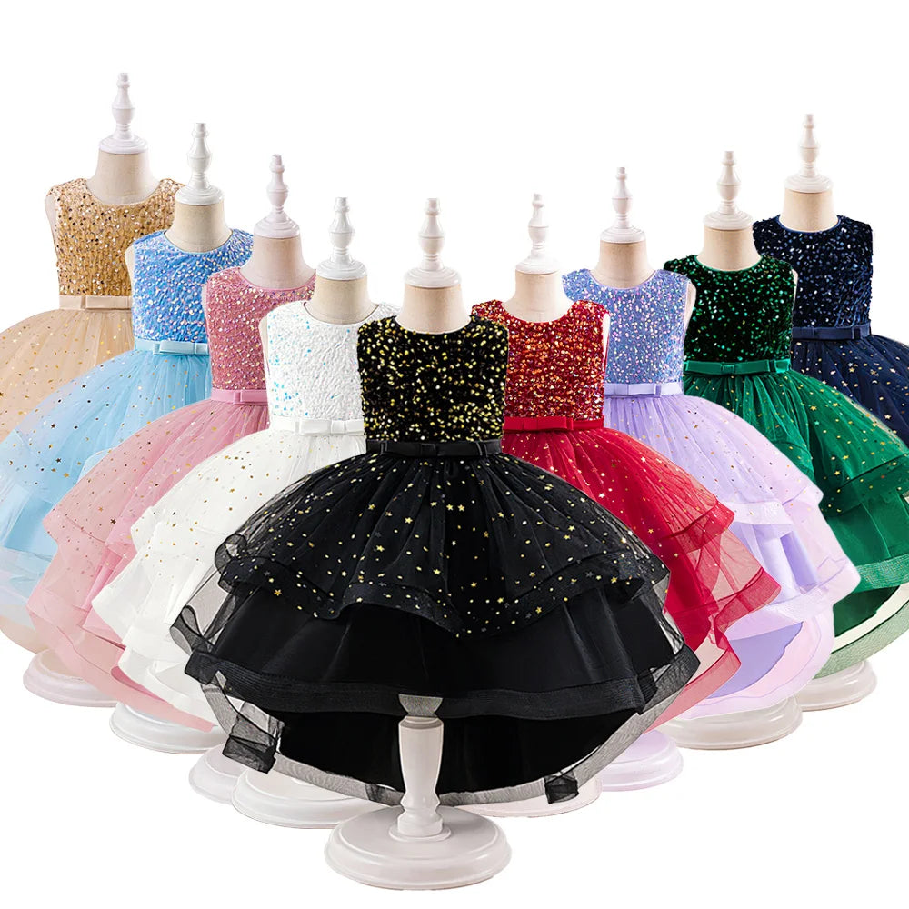 FSMKTZ New Sequins Girls' Puffy Tulle Dress Princess-Style Trailing Formal Dress for Birthday Children's ODM Supply
