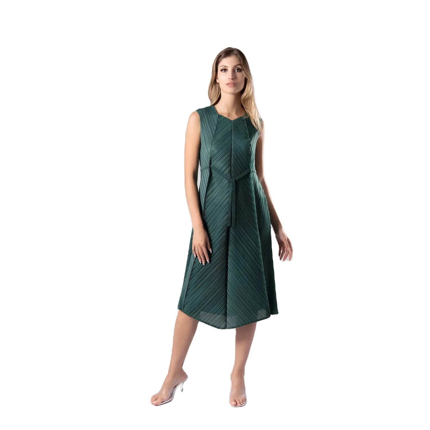 Summer Luxury Green Sleeveless Maxi Dress New Miyake Pleated Elegant Casual Style Sweet Ruched for Lady's Party Formal Dresses