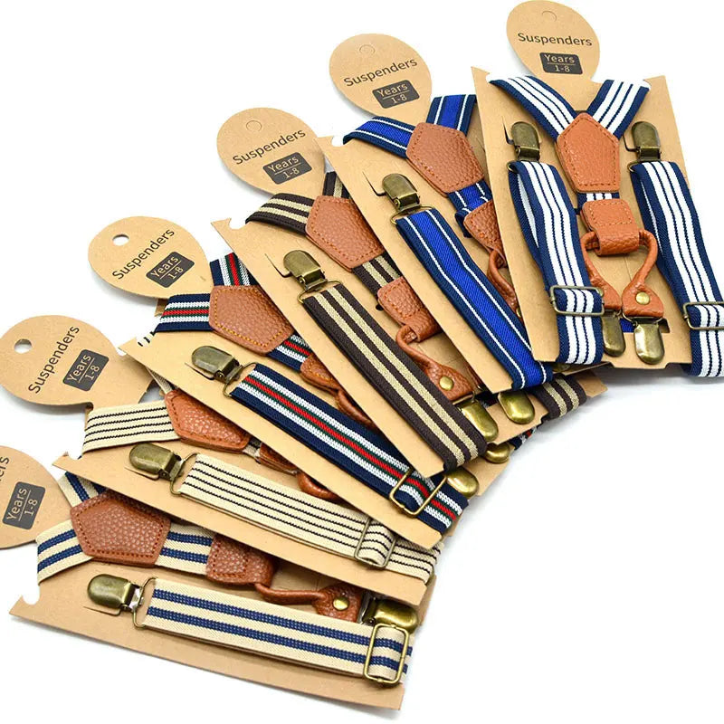 Wholesale Y Shape Suspenders Kids Stripes Elastic Boy Suspender Brace With 4 Clips