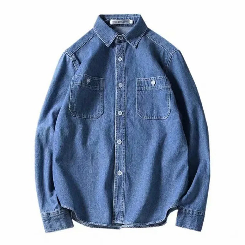 RNSHANGER Fashion Men Denim Shirt Casual Solid Color Long Sleeve Single Breasted Streetwear Turn-down Collar Loose Shirt