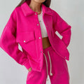 New Fashion  Fall Winter Dark pink  Color Two Piece Sets Tracksuits Women Button Jacket Crop Top Sweatpants Set