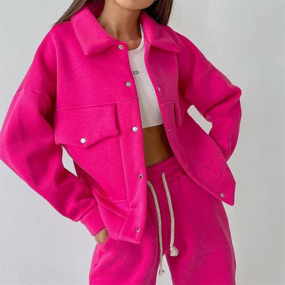 New Fashion  Fall Winter Dark pink  Color Two Piece Sets Tracksuits Women Button Jacket Crop Top Sweatpants Set