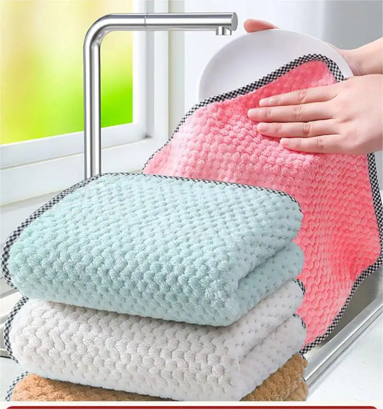 Coral Velvet Cleaning  Scouring Towel Kitchen Cloth Absorbent Thickened Dish Cloth Non-stick Oil Dish Towel Household