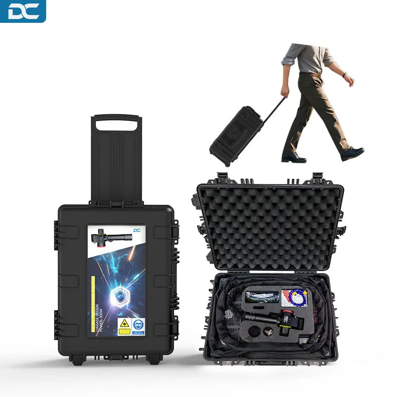 200W 300W Pulse Portable Luggage Laser Cleaning Machine for Car Tires Wheel Rust Paint Oil Coating Wood Stone Stainless Steel