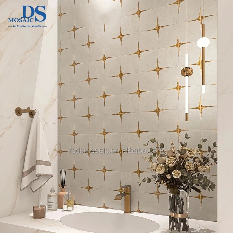 Carrara White Square Marble Mosaic Tile Metal Brass Natural Stone Mosaic Wall Art