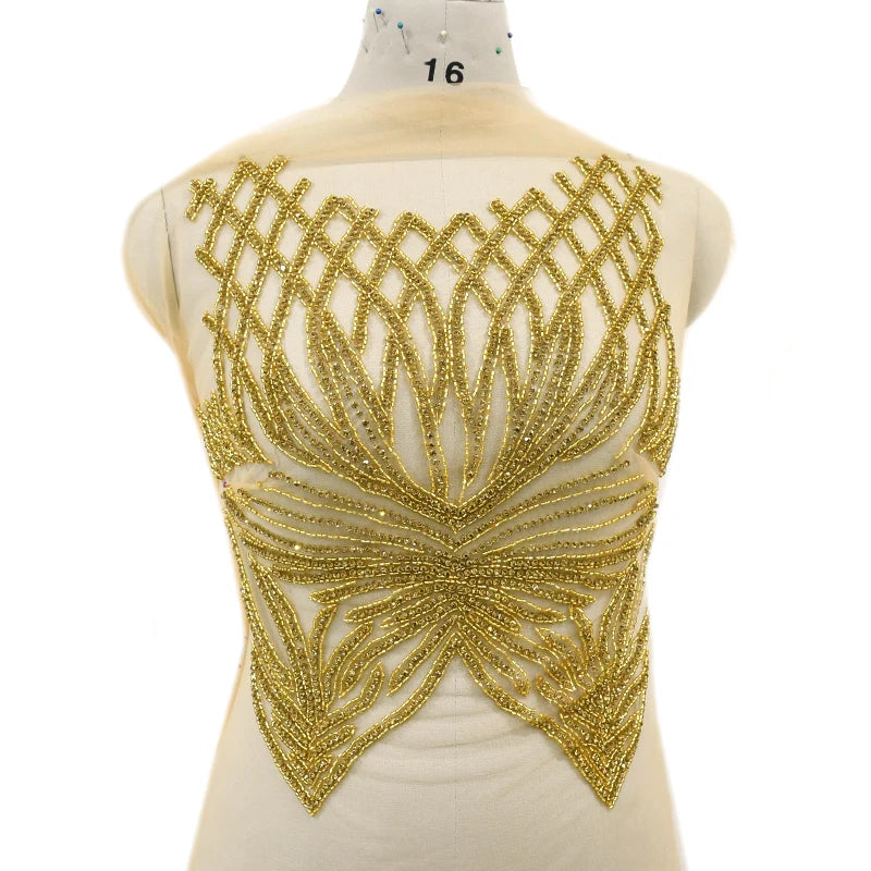 New Front and Back Dress Party Beaded Embroidery Bling Bodice Crystal Gold Rhinestone Applique Patches