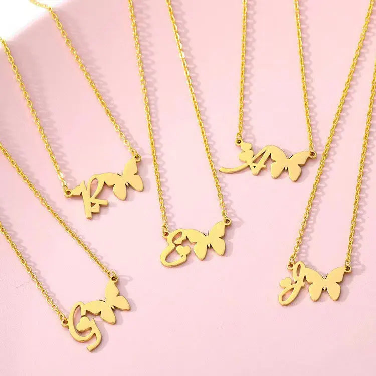 Fashion Stainless Steel Butterfly Initial Necklace Statement Gold Silver Heart Letter Butterfly Stitching Necklace for Women