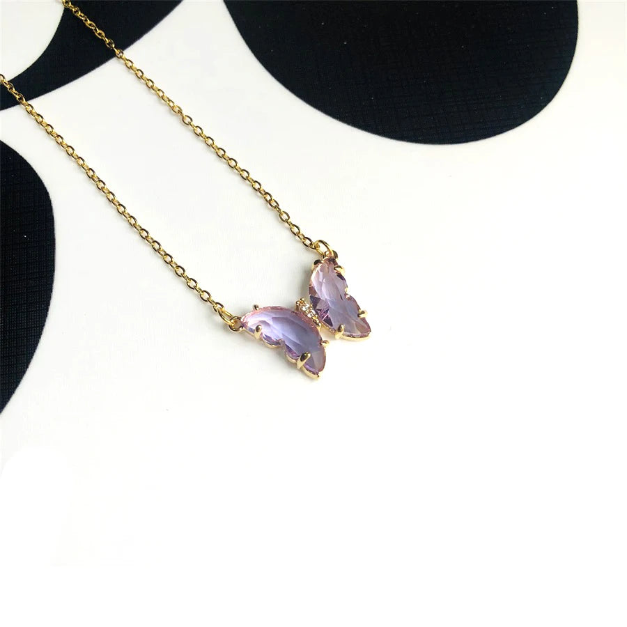 Women's Stainless Steel Butterfly Necklaces with Blue Crystal Stones 11 Colors Rhodium Plated Chains Lip Shape for Anniversaries