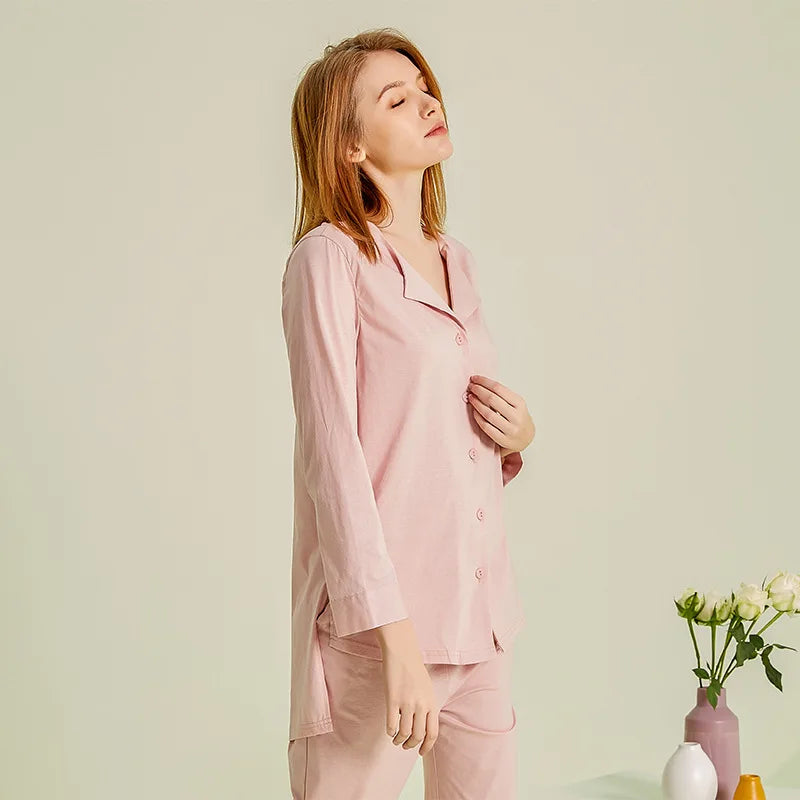Light Blue Cotton Ladies Pajamas 2-pcs Set Pajamas Set Button Opening