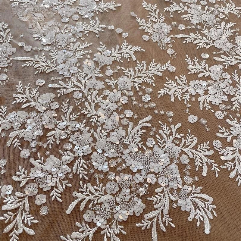 3D Flowers Beaded Sequins Embroidered Mesh Lace Fabric Garment Wedding Dress Shining Bride