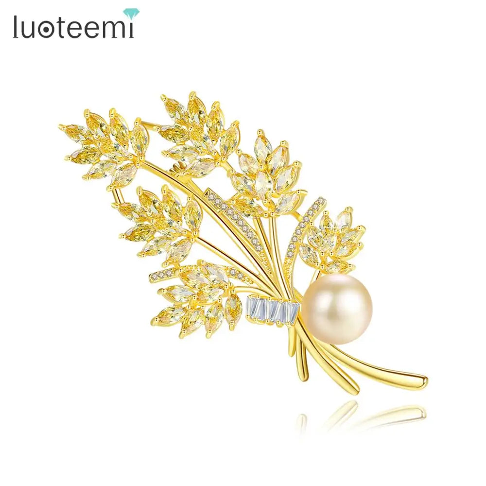 LUOTEEMI Luxury Christmas Women Elegant Brooch Gold Plated Yellow Cubic Zirconia Brooches