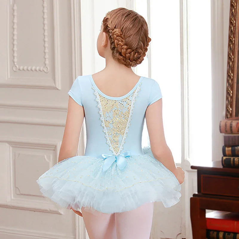 Girls Short Sleeve Ballet Tutu Dance Costume Blue Dance Skirt Practice Ballerina Dress