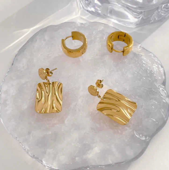 Minimalist Women Jewelry  18K Gold Plated Stainless Steel Rectangle Wave Ear Stud Earrings Hammered Hoop Earrings
