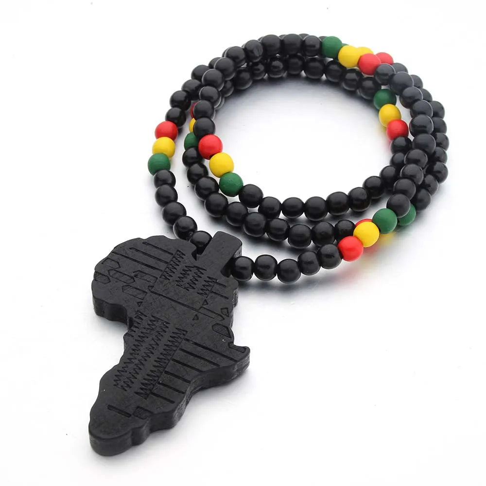 Hot Sell 8MM Wood Beaded Long Chain African Map Pendant Necklace for Women and Men