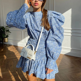 Zipped Button-Up Printed Ruched Blue Puff Long Sleeve Fashionable Casual Dresses Women Ladies Summer Short Floral Dress