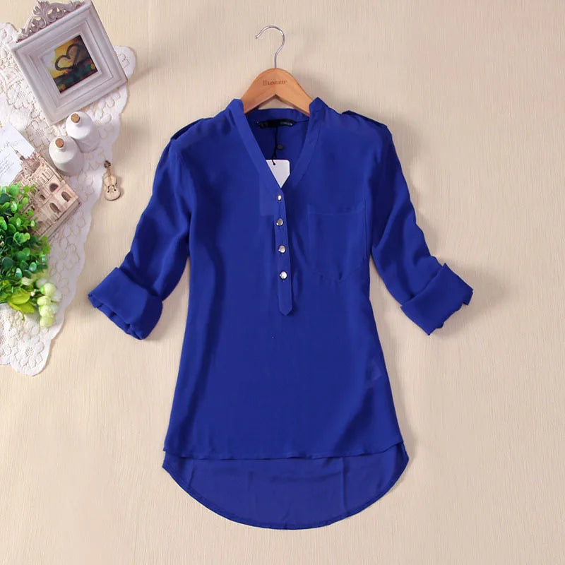 Plus Size S-4XL Women Spring Summer V-neck Chiffon Elegant All-match Solid Botton Casual Spirals Shirt Blouse