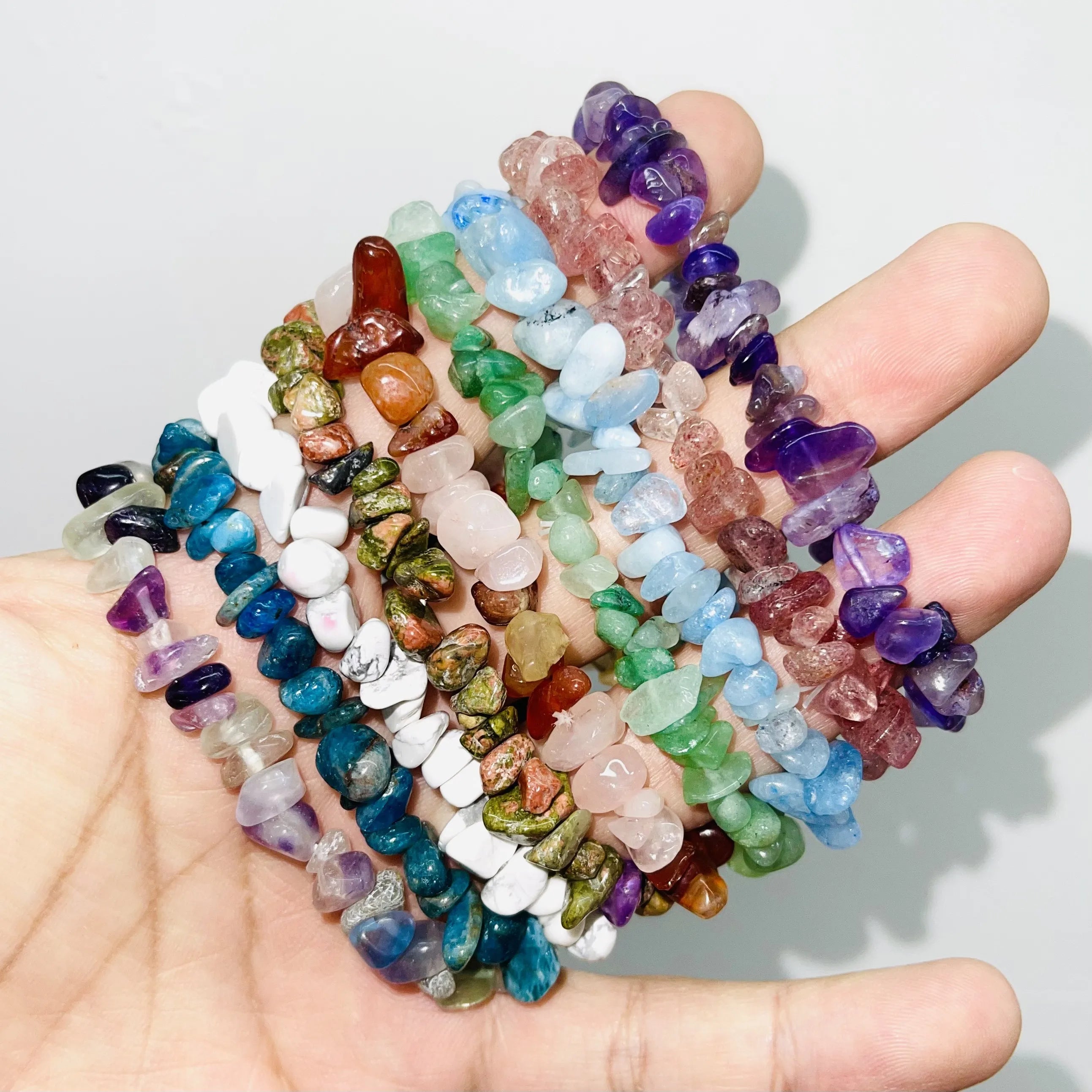 Wholesale Price Irregular Raw 7 Chakra Healing Natural Stone Beaded Gemstone Crystal Chip Bracelet
