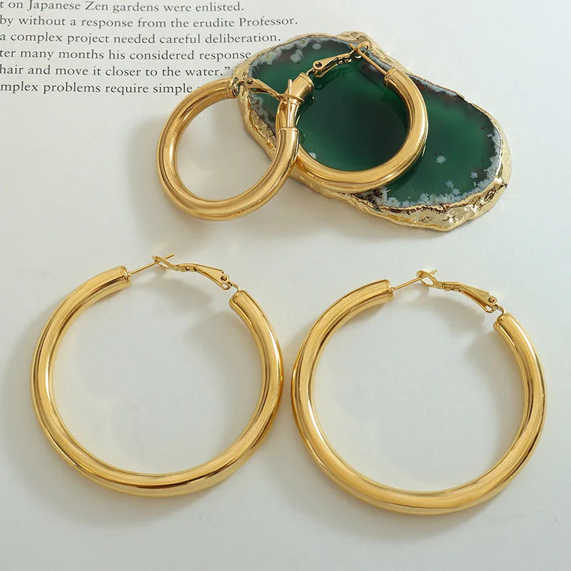 Korean 18K Stainless Steel Gold Plated Geometric C-Shaped Round Tube Hollow Earrings Waterproof Jewelry for Girls