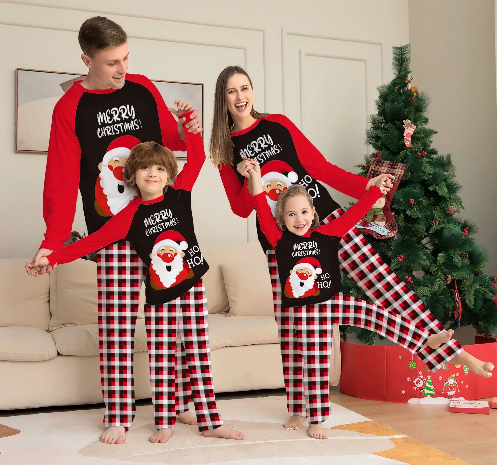 New Santa Claus Printed Home Wear Red and Black  White Plaid Matching Christmas Parent-child Family Pajamas