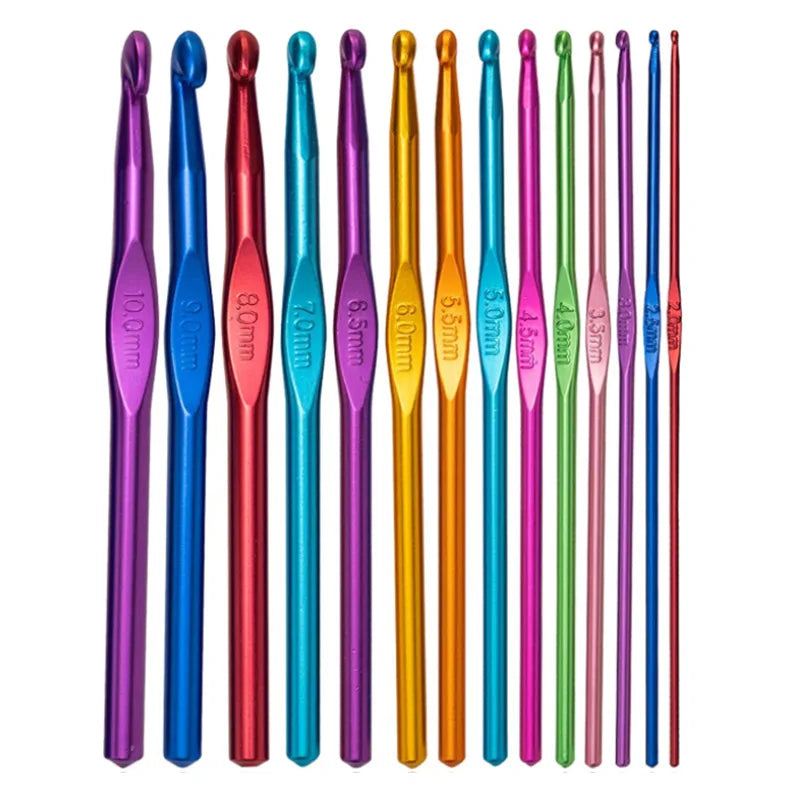 Environmental Diy 14 Sizes Multi-Coloured Aluminum 2mm-10mm Handle Crochet Hooks Knitting Knit Needles Set OPP Bag Packaging