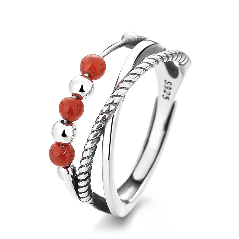 Sterling Silver S925 Round Bead Turning Ring for Women Men Layers Double-layer Hollow Cross Rotating Opening Anti Stress Ring