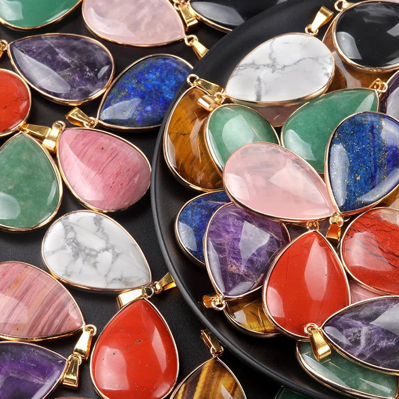 Natural Stone Crystal Water Drop Pendant Amethyst Tiger Eye Big Teardrop Pendants for DIY Necklaces Jewelry Making Pingente
