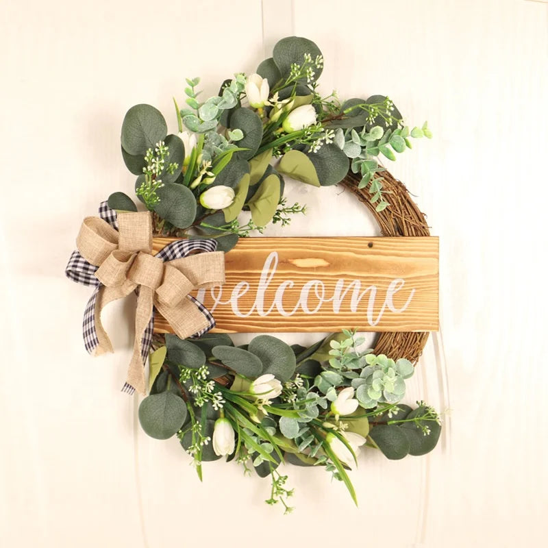 2024 Simulation Tulip Eucalyptus Leaf Wreath Plastic Rattan Silk Flower Easter Knot Door Tag Wall Hanging Props
